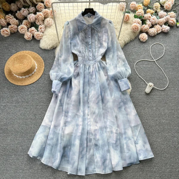 ZT1551 French Vintage Temperament Spring Women's Shirt Collar Design Elegant Floral Printed Sweet Advanced Feeling Maxi Dress - Image 3