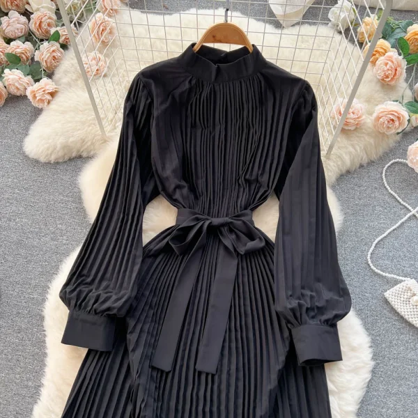 ZT1459 Spring Autumn Dresses Stand Collar Solid Color Senior Sense Elegant Dresses Strap Irregular Pleats Long Dresses Women - Image 6