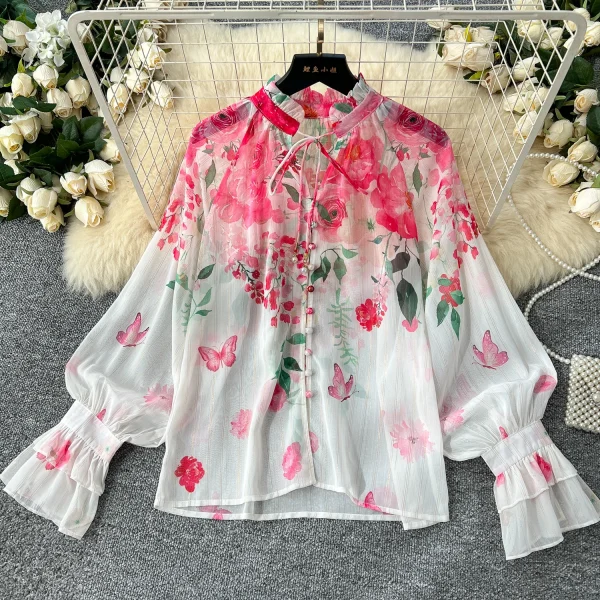 LW0574 2025 Spring Vacation Style Two-Piece Women'S Lace-Up Lantern Sleeve Printed Shirt High Waist Drop Skirt - Image 3