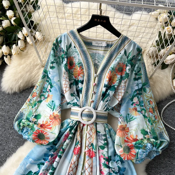 ZT1506 European High-end Elegant Women's Design Sense V-neck Lantern Sleeve Waist Buckle Slim-fit Printed Maxi Dress - Image 2