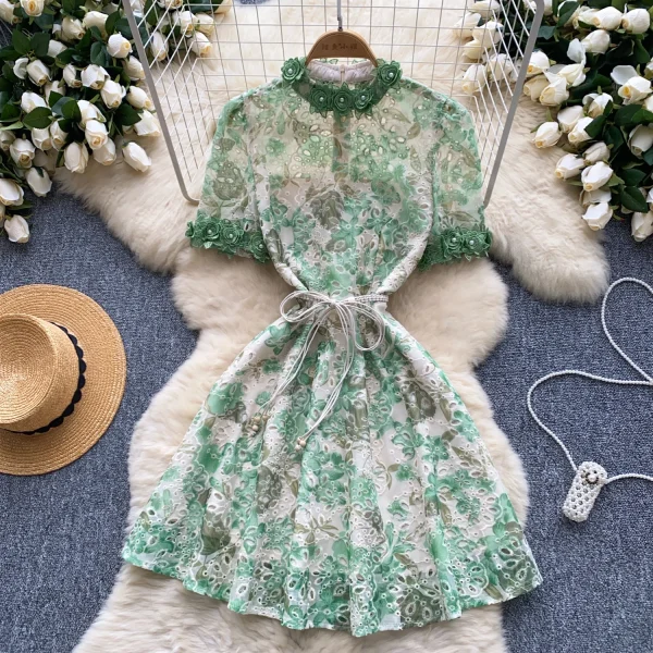 ZT1471 French Vintage Beaded Three-dimensional Flower Round Neck Short Sleeve Waist Slimming Hollow Embroidery  Elegant Dresses - Image 3