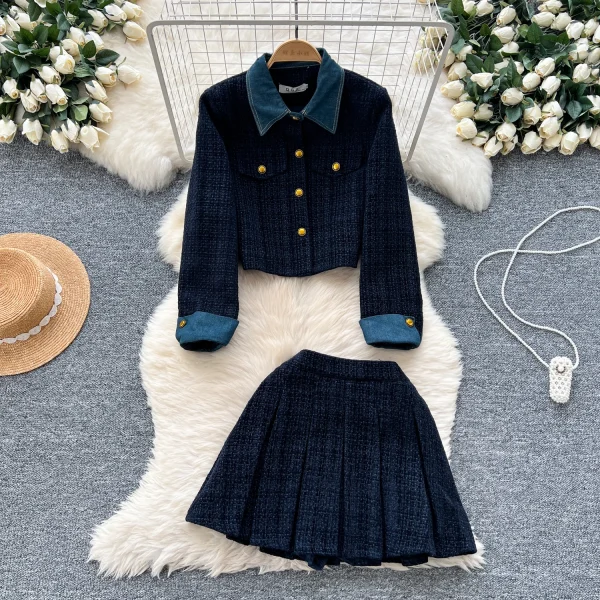 LW0099 British Style Suit Women Contrast Color Lapel Short Metal Buckle Coat High Waist Pleated Skirt Two-Piece Ladies