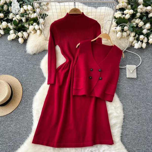 LW0133 Gentle Wind Two Sets of Women'S Advanced Sense Sweater Vest Waist Slimming Long Sleeve Sweater Dress - Image 6