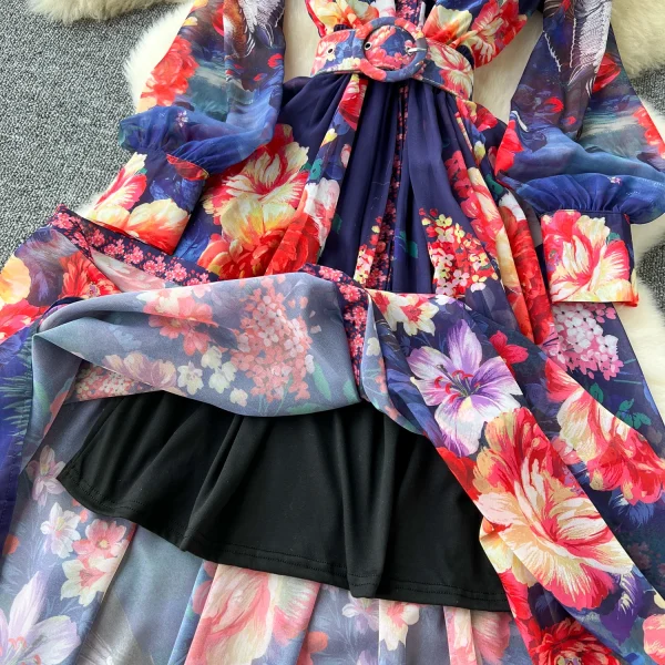 ZT1512 European Style Luxury Retro Long-sleeved Female Two-piece Set Lapel Breasted Waist Printed Chiffon Maxi Dress - Image 5