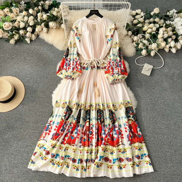 ZT1529 Retro Palace Style Design Sense Floral Printed  Pleated Puffy Sleeve Dress Spring Women Pleated Midi Dress - Image 6