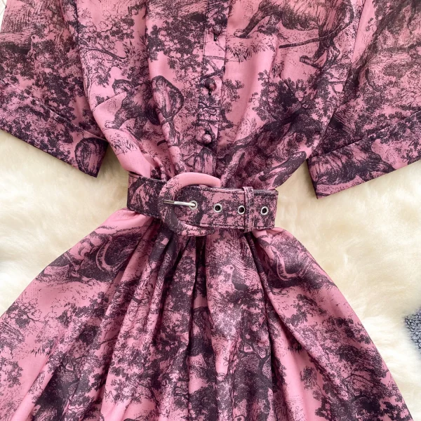 ZT1486 European Vintage  Printed Dress Female Summer Polo Collar Waist Slimming Romantic Elegant Design Maxi Dress - Image 3