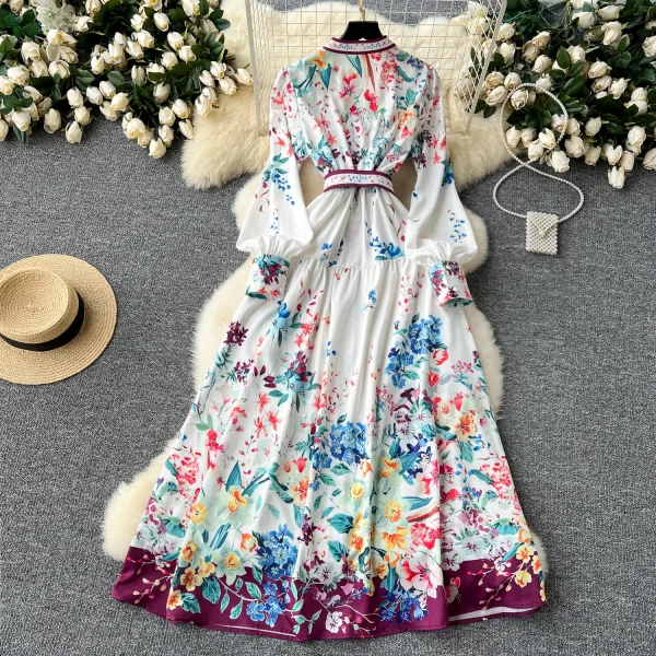 ZT1507 European-style Retro Palace Style Long Sleeve V-neck Waist Breasted Big Swing Dress Celebrity-style Elegant Printed Dress