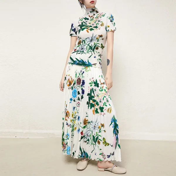 Accept Large Size Loose Casual Style Set Boutique Women'S 2-Piece Floral Print Issey Miyake Short Sleeve Top Pleated Sk