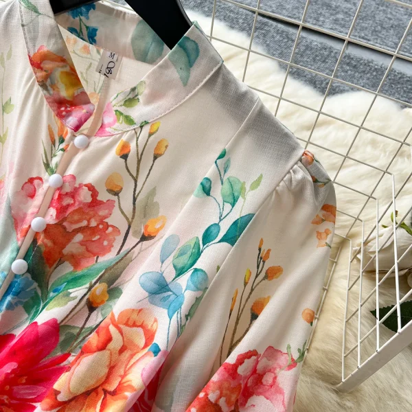 ZT1508 European Fashion High-end Vintage Elegant Stand Collar Single Breasted Long Sleeve Print Holiday Maxi Dress - Image 5