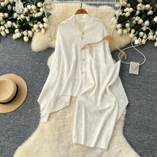 LW0131 Elegant Ladies Two-Piece Set Loose Irregular Knit Cape Knit Smock Coat Chain Strap Dress Two-Piece for Women - Image 3