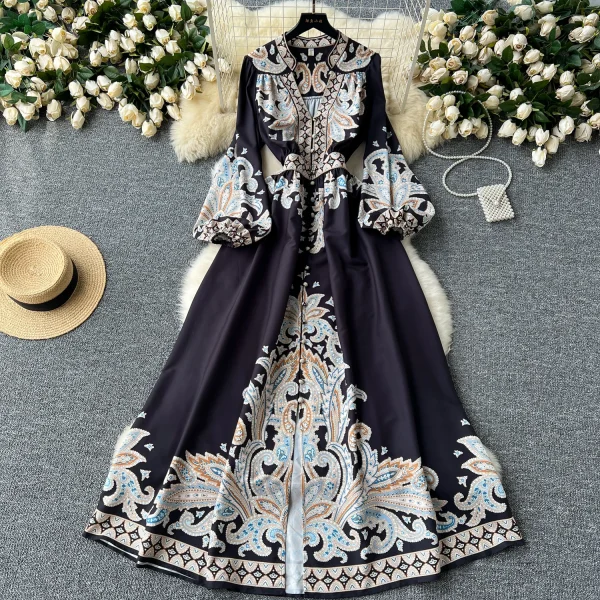ZT1514 French Vintage Elegant Dress Female High-end Exquisite Banquet Party Holiday  European Court Print Maxi Dress - Image 2