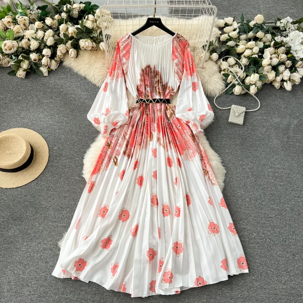 ZT1528 Style 2025 New Women's Dress Oversized Elegant Dress Printed Pleated Waist Lace-up Holiday Midi Dress - Image 5