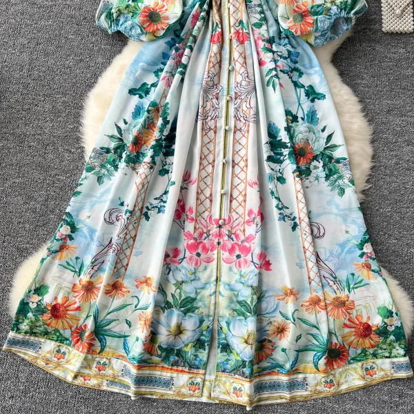 ZT1506 European High-end Elegant Women's Design Sense V-neck Lantern Sleeve Waist Buckle Slim-fit Printed Maxi Dress - Image 3