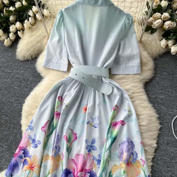 ZT1513 Western Style Suit Collar Floral Print Dress Women's Summer Single-breasted Elegant Sweet Fresh Short Sleeve Maxi Dress - Image 3