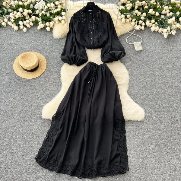 LW0140 Vintage Ladies 2 Piece Set Elegant Hollow Lace Patchwork Lantern Sleeve Shirt Women'S High Waist Slit Skirt Set - Image 4
