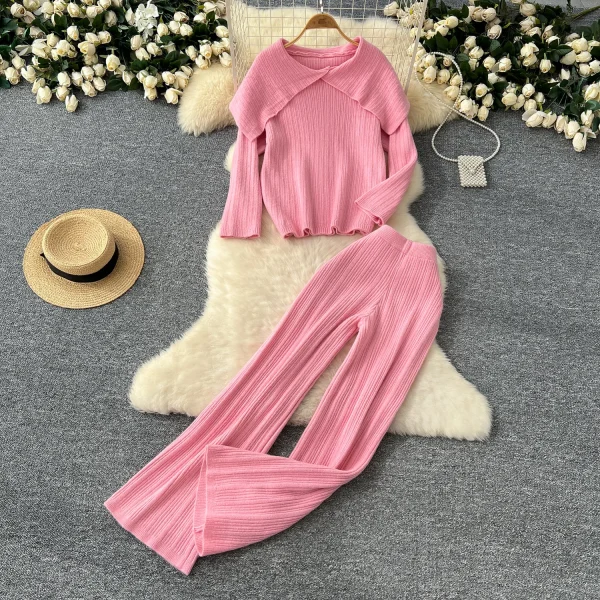 LW0107 Big Lapel Two-Piece Suit Women'S Sweater Slimming Base Top High Waist Vertical Pattern Sweater Pants Set - Image 4