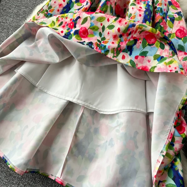 ZT1502 High-end Elegant Sleeveless  Women Retro Elegant Waist Fold Big Swing Floral Printed Dress Midi Dresses - Image 5