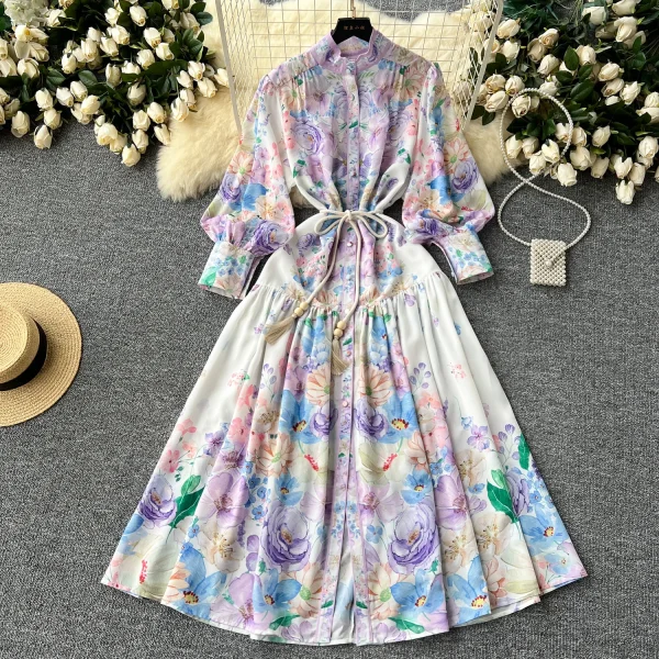 ZT1504 Vintage Stand Collar Lantern Long-sleeved Big Swing Dress Women Floral Printed Dress Elegant Midi Dresses - Image 2