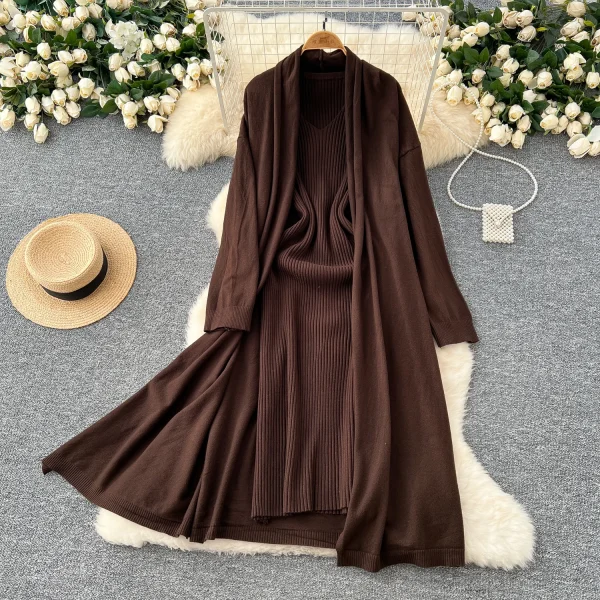 LW0096 Maillard Wears Two-Piece Female a Sleeveless Knit Dress With a Slouchy Sweater Coat Two-Piece for Women - Image 6