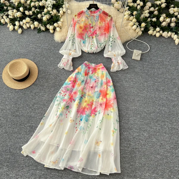 LW0577 2025 New Advanced Sense Lace up Lantern Sleeve Printed Chiffon Top Women'S High Waist Pendant Skirt Ladies Two Sets - Image 3