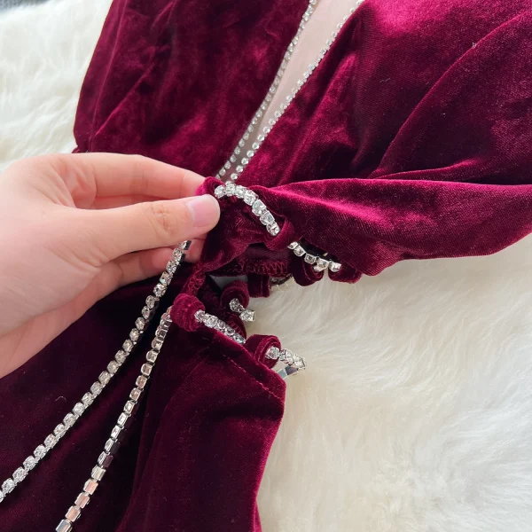 ZT1537 Evening Gown  Deep V-neck Halter Elegant Mesh Stitching Neck Diamond Split Velvet Fishtail Sexy High Level Maxi Dress - Image 3