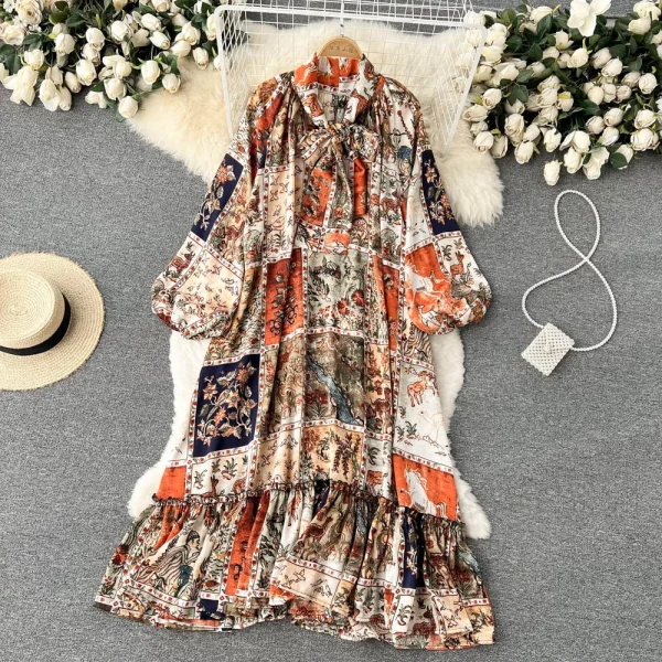 ZT1460 Design Sense Niche Lantern Sleeve High Collar Printed Dress  Woman Clothes Elegant Dresses  Loose Midi Dress - Image 4
