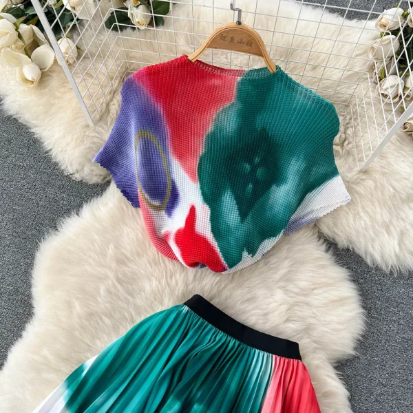 LE1298 Hot Sell Women'S Printed Pleated Casual Suit Loose Plus Size Print Pleated Top Long Skirt 2 Piece Set - Image 5