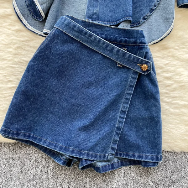 LW0111 Retro Pure Sexy Spice Suit Women'S Fall Lantern Sleeve Denim Shirt High-Waisted Wide-Leg Shorts 2pcs Ladies Dress - Image 5