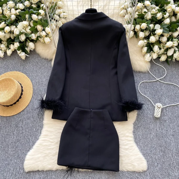 LW0611 Casual Temperament Loose Furry Sleeve Suit Jacket Top High Fanny Pack Hip Skirt Skirt Two Piece Set for Ladies - Image 2