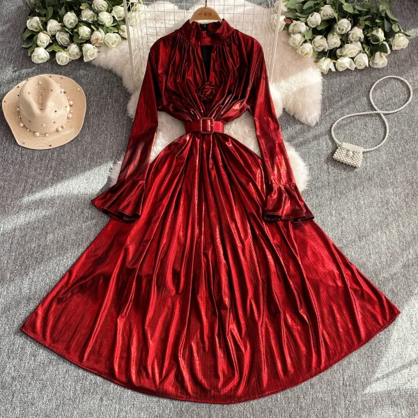 ZT1559 High-End Sense Femininity Flared Long Sleeve Stand Collar Slimming Mermaid Bright Elegant Maxi Dress Woman Evening Gown - Image 3