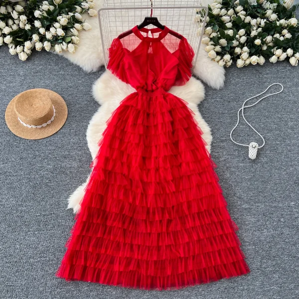 ZT1544 French Niche Elegant Dress Women's Senior Lace Short-sleeved Waist Slimming Multi-layer Temperament  Maxi Dress