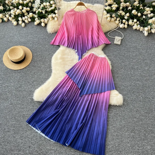 LE4761 Fashion Girl Gradient Color Pleated Suit Skirt Women Design Sense Irregular Cape Top High Waist Skirt