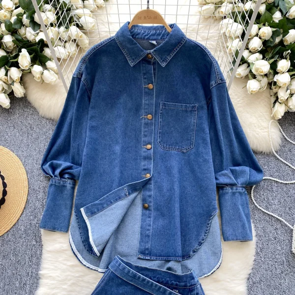 LW0111 Retro Pure Sexy Spice Suit Women'S Fall Lantern Sleeve Denim Shirt High-Waisted Wide-Leg Shorts 2pcs Ladies Dress - Image 3