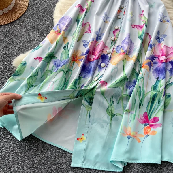 ZT1513 Western Style Suit Collar Floral Print Dress Women's Summer Single-breasted Elegant Sweet Fresh Short Sleeve Maxi Dress - Image 5