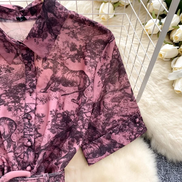 ZT1486 European Vintage  Printed Dress Female Summer Polo Collar Waist Slimming Romantic Elegant Design Maxi Dress - Image 5