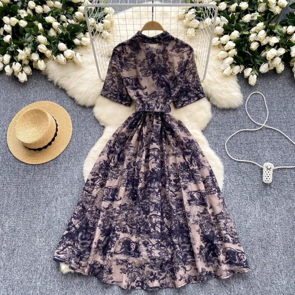 ZT1486 European Vintage  Printed Dress Female Summer Polo Collar Waist Slimming Romantic Elegant Design Maxi Dress - Image 2