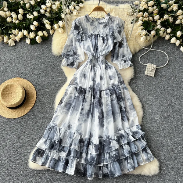 ZT1482 French Waist Slimming High Quality Ruffled  Woman Clothes High-end  Printed Dress Sweet Elegant Dress - Image 4