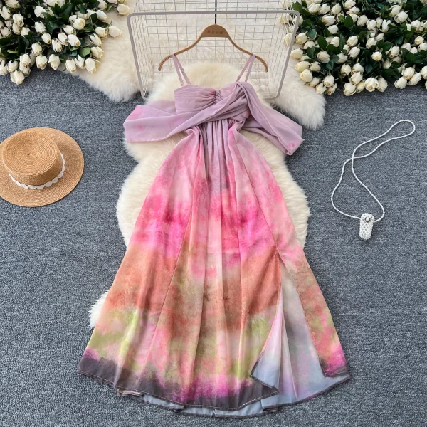 ZT1543 Holiday Style Feminine Sweet Elegant Niche Streamers High Waist Slimming Floral Print Split Halter fairy Dress Maxi Dress