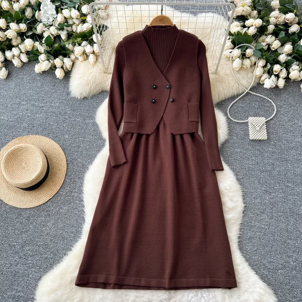 LW0133 Gentle Wind Two Sets of Women'S Advanced Sense Sweater Vest Waist Slimming Long Sleeve Sweater Dress - Image 2