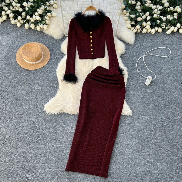 LW0119 Sexy Metal Buckle Long Sleeve Top Women'S High Waist Slim Skirt Advanced Sense of Bright Silk Women Two-Piece Set
