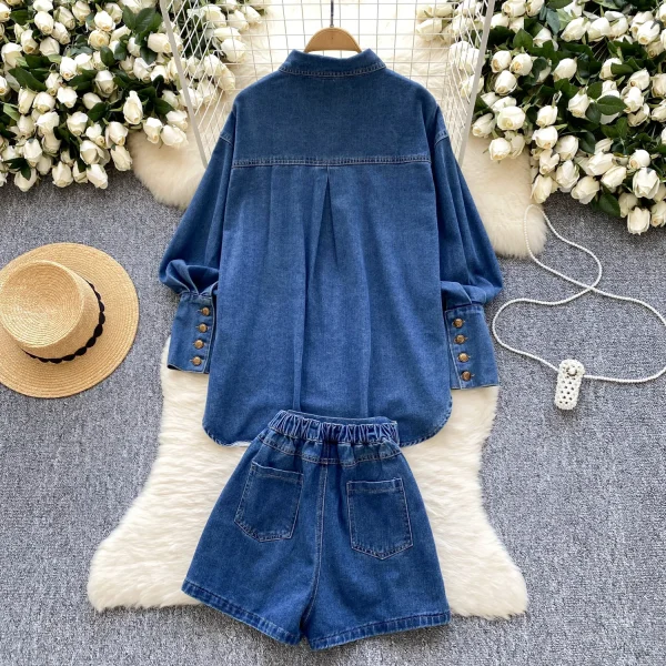 LW0111 Retro Pure Sexy Spice Suit Women'S Fall Lantern Sleeve Denim Shirt High-Waisted Wide-Leg Shorts 2pcs Ladies Dress - Image 2