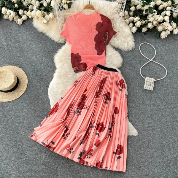 LE1299 Women'S Floral Printed Pleated Casual Suit Loose Plus Size Short-Sleeve Print Pleated Top Long Skirt 2 Piece Set - Image 2