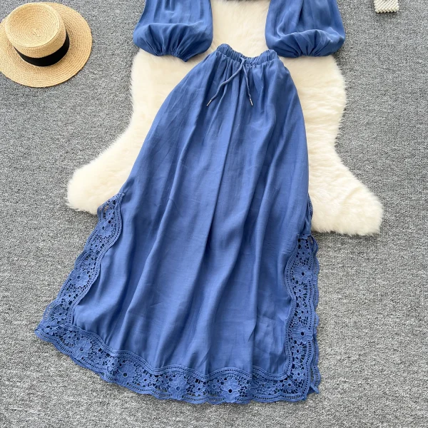 LW0140 Vintage Ladies 2 Piece Set Elegant Hollow Lace Patchwork Lantern Sleeve Shirt Women'S High Waist Slit Skirt Set - Image 5
