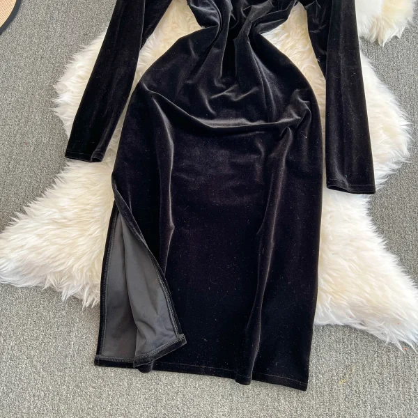 ZT1557 High-End Sense French Style Hepburn Style  Temperament Female New Autumn Winter Evening Dresses Slit Velvet Party Dress - Image 3