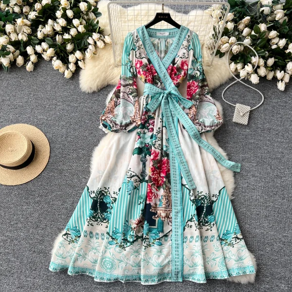 ZT1509 European Senior Sense Dress Women Design Sense V-neck Lantern Sleeve Printed Temperament  Chiffon Maxi Dress