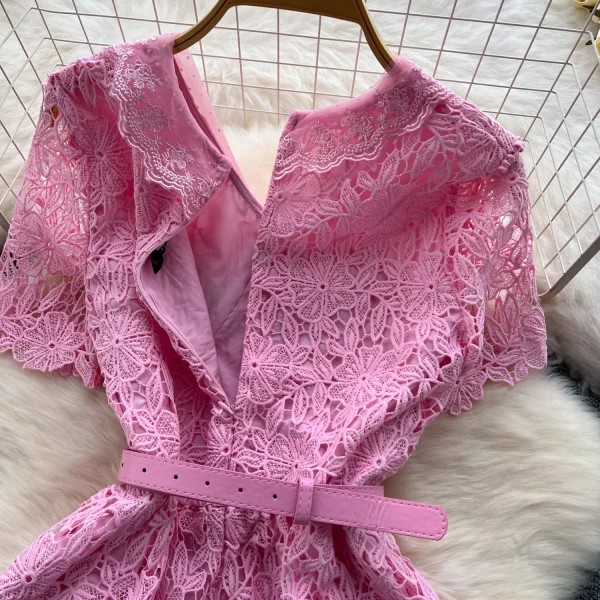 ZT1555 Vintage Court Style Doll Collar Dress Female Summer Hollow Hook Flower Design Elegant Sweet Luxury Temperament Midi Dress - Image 3