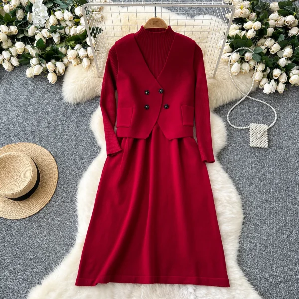 LW0133 Gentle Wind Two Sets of Women'S Advanced Sense Sweater Vest Waist Slimming Long Sleeve Sweater Dress