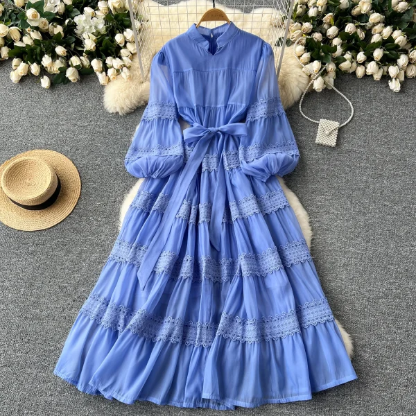 ZT1462 Luxury French Lantern Sleeve  Woman Clothes Summer Lace Patchwork Lace-strap Design Temperament Elegant Maxi Dresses