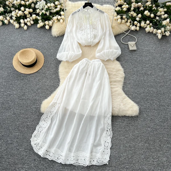 LW0140 Vintage Ladies 2 Piece Set Elegant Hollow Lace Patchwork Lantern Sleeve Shirt Women'S High Waist Slit Skirt Set - Image 3