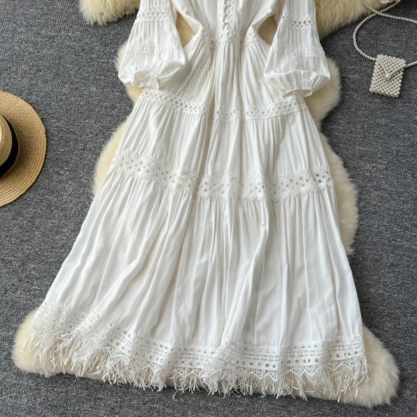 ZT1466 Gentle  Dress 2025 Summer New Hollow Lace Splicing V-neck Fringe Waist Women's Dress Elegant Party Dresses - Image 5